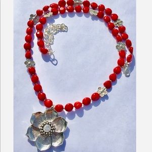 One of a kind handmade red coral flower necklace